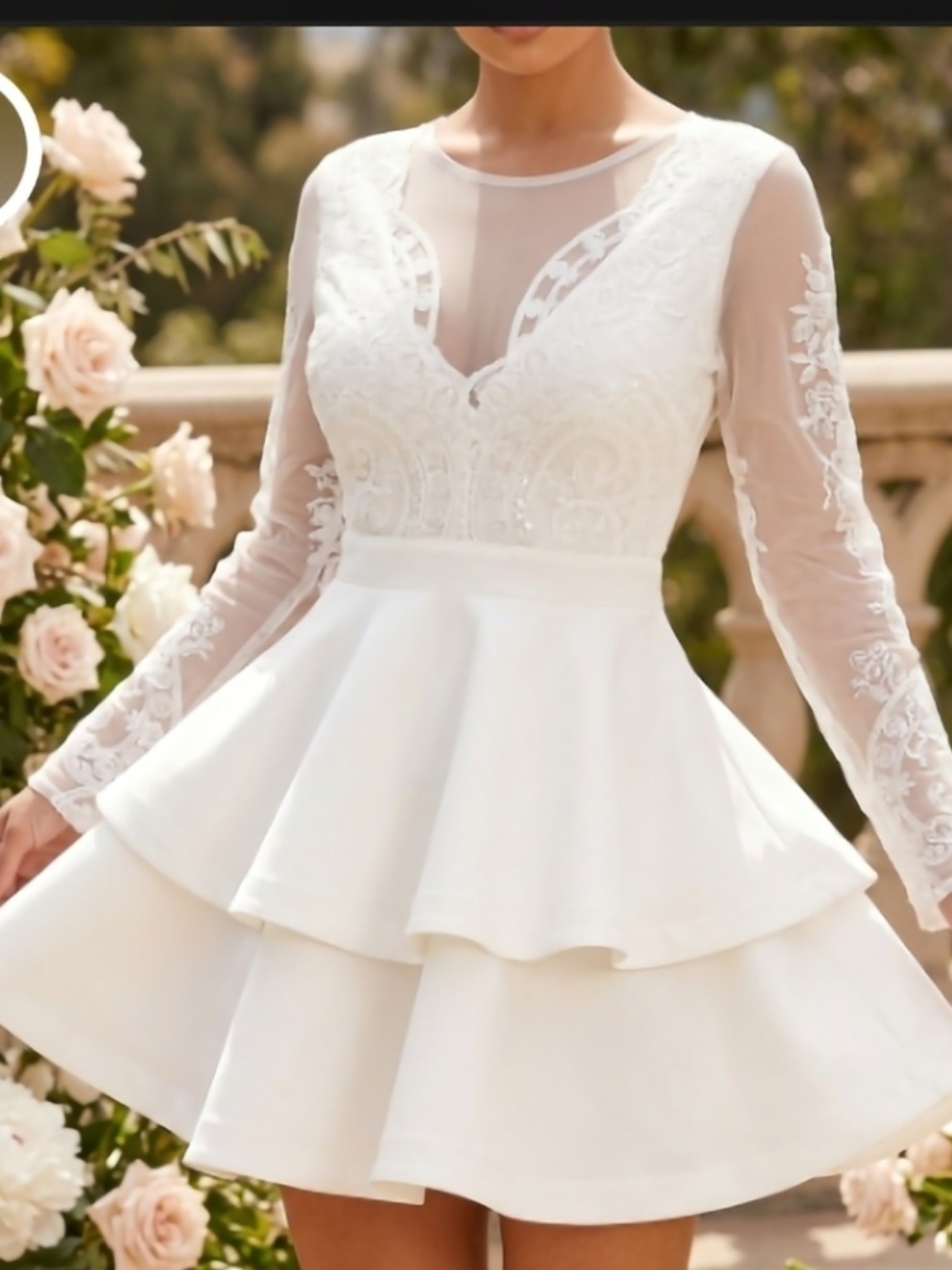Fashion Nova White Lace Long-Sleeve Peplum Mini Dress
